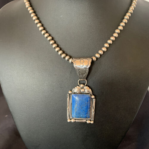 Navajo Denim Lapis Necklace with Pendant | Sterling Silver Pearls | Authentic Native American Handmade | 12438