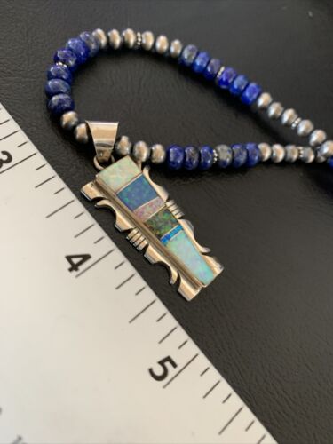 Navajo Pearls Necklace with Blue Lapis & White Opal Inlay Pendant | Sterling Silver | 11631