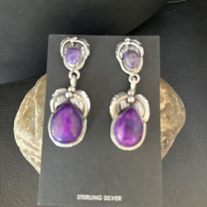 Navajo Purple Sugilite Dangle Earrings | Sterling Silver | 2" | Authentic Native American Handmade | 14403