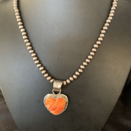 Navajo Orange Heart Spiny Oyster Pendant | Sterling Silver Necklace | Authentic Native American Handmade | 13949