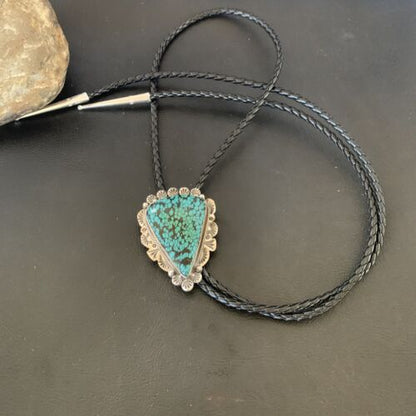 Native American Men's Bolo Tie | Blue Spiderweb Turquoise | Sterling Silver | Navajo Handmade | 12364