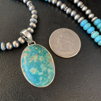 Navajo Blue Turquoise Pendant Necklace | Sterling Silver | Authentic Native American Handmade | 13868