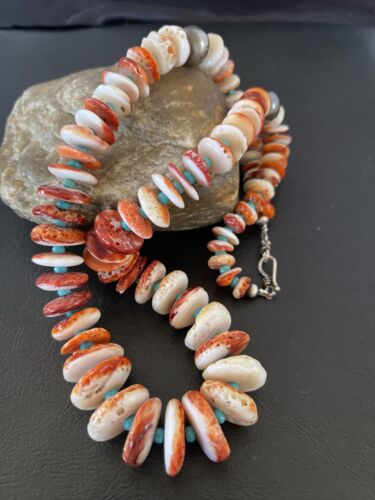 Navajo Turquoise & Red Spiny Oyster Necklace | Sterling Silver | Authentic Native American | Graduated | 20" | 10590