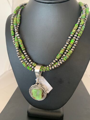 Navajo Pearls Gaspeite Turquoise Pendant Necklace Set | Sterling Silver | 3-Strand | 2987