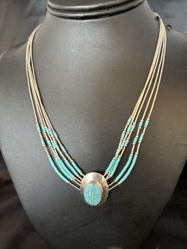 Liquid Silver Heishi 5-Strand Pendant Necklace | Sterling Silver | Turquoise | Navajo | 14820