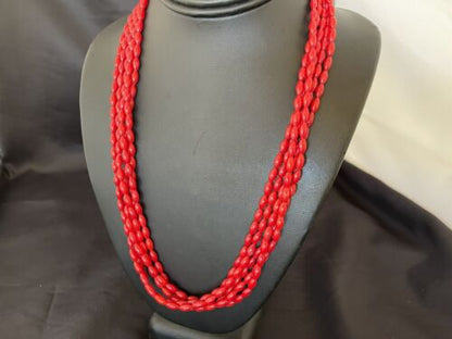 Navajo Red Coral 5-Strand Necklace | Sterling Silver Barrel Beads | 22" | Authentic Native American Handmade | 10438
