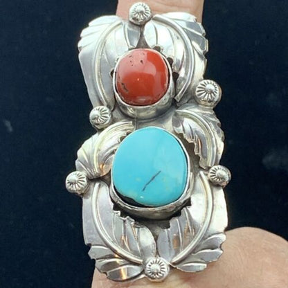 Navajo Royston Turquoise & Coral Ring | Authentic Native American Sterling Silver | Multi-Stone | Sz 8 | 01810