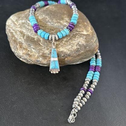 Navajo Blue Turquoise Sugilite Necklace Pendant | Sterling Silver Inlay | Authentic Native American Handmade | 14643