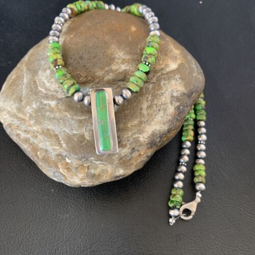 Navajo Green Gaspeite Turquoise Inlay Pendant | Sterling Silver | Authentic Native American Handmade | 13265