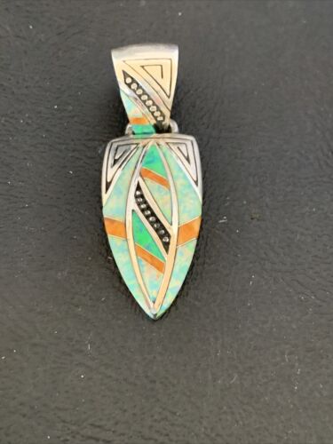 Navajo Spiny White Green Opal Inlay Pendant | Sterling Silver | Authentic Native American Handmade | 12482