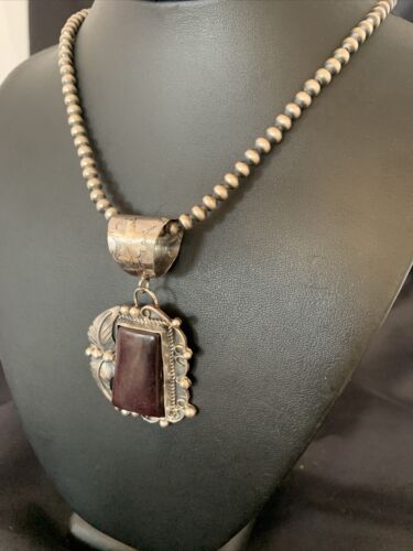 Men's Navajo Pearls Necklace with Purple Sugilite Pendant | Sterling Silver | Authentic Native American Handmade | 10656