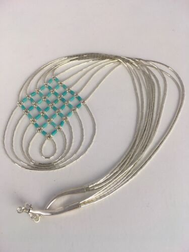 Turquoise Heishi Tubes Pendant | 5-Strand Liquid Sterling Silver Necklace | Authentic Native American Handmade | 8880