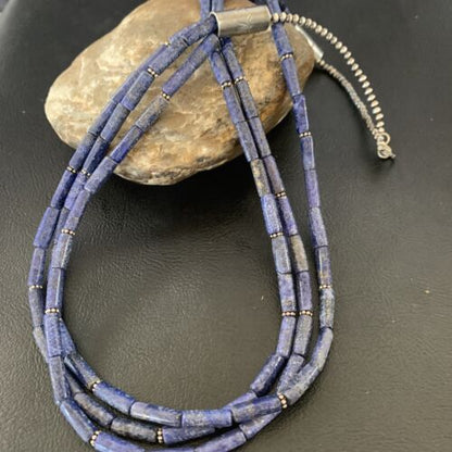 Navajo Blue Lapis 3-Strand Necklace | Sterling Silver Tube Beads | 23" | Authentic Native American Handmade | 12690