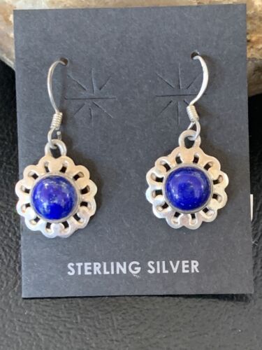Navajo Flower Blue Lapis Lazuli Dangle Drop Earrings | Sterling Silver | 0.50" | 12711