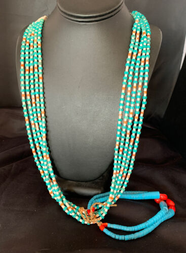 Native American Santo Domingo Spiny Blue Turquoise Shell Jacla Necklace | 5 Strand | 36" | 13188