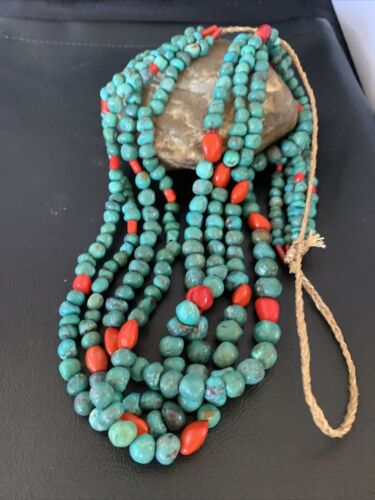 Men's Santo Domingo Blue Turquoise Coral Necklace | 4 Strand Large Bead | 34" | 13184