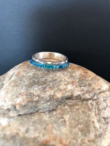 Southwestern Navajo Blue Opal Inlay Ring | Sterling Silver | Sz 7.5 | Authentic Native American Handmade | 10609