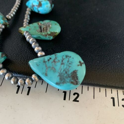 Navajo Teardrop Blue Turquoise Necklace | Sterling Silver Pearls | 20" | Authentic Native American | 13965
