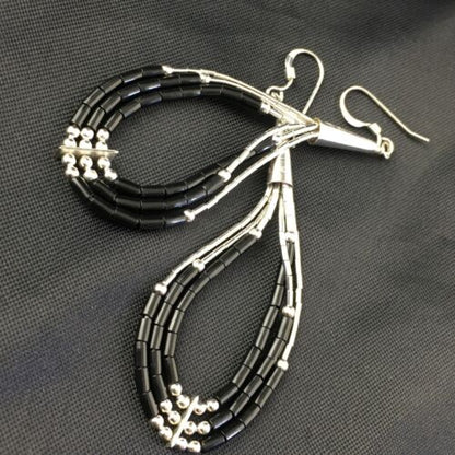 Handmade Liquid Sterling Silver Heishi Dangle Earrings | Black Onyx Tube | 2.25" | 2017
