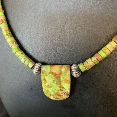 Navajo Green Gaspeite Turquoise Pendant | Sterling Silver | Authentic Native American Handmade | 13914 - Masha USA