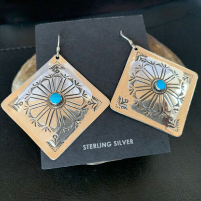 Navajo Blue Turquoise Earrings | Stamped Sterling Silver | Authentic Native American Handmade | 13369