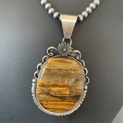 Men's Navajo Pearls Necklace | Sterling Silver | Coffee Tiger's Eye Pendant | Authentic Native American Handmade | 1543