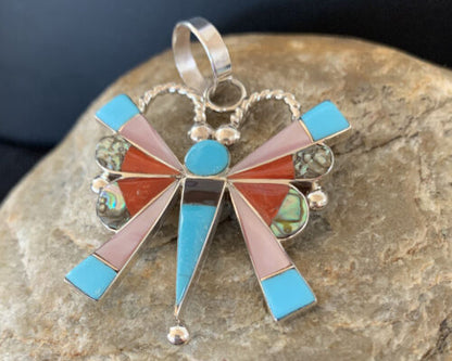 Zuni Turquoise Spiny Oyster Mother of Pearl Butterfly Necklace Inlay Pin Pendant | Sterling Silver | 1366
