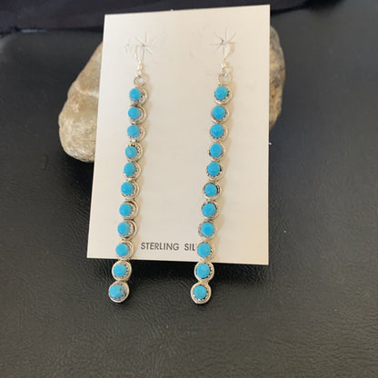 Navajo Green Turquoise Dangle Earrings | Sterling Silver | 3" Long | Authentic Native American Handmade | 12119