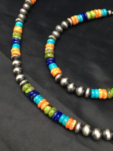 Southwestern Turquoise Spiny Oyster Lapis Necklace & Bracelet Set | Sterling Silver | 18" | Authentic Native American Handmade