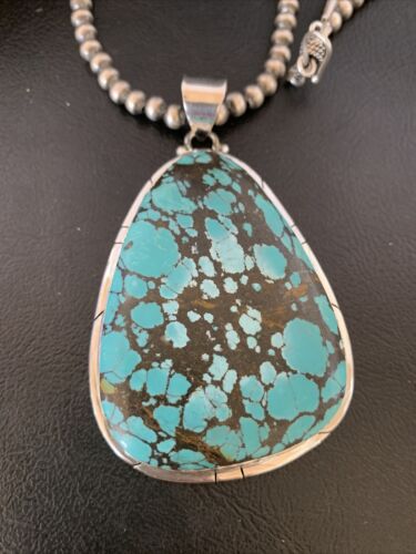 Men's Navajo Pearl Necklace with Blue Spiderweb Turquoise Pendant | Sterling Silver | 10532