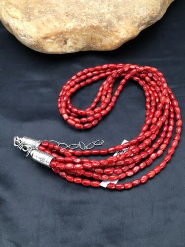 Navajo Red Bamboo Coral 4 Strand Necklace | Sterling Silver | 21" | Authentic Native American Handmade | 2875 - Masha USA