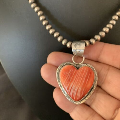 Navajo Red Heart Spiny Oyster Pendant Necklace | Sterling Silver | Authentic Native American Handmade | 13951 - Masha USA