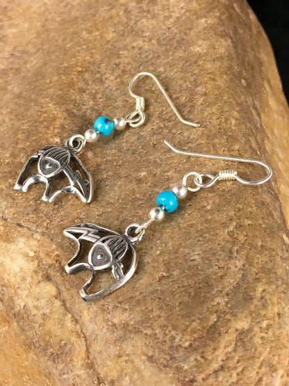 Navajo Sterling Silver Turquoise Bead Dangle Bear Paw Earrings | Authentic Native American Handmade | 8785
