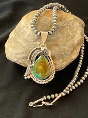 Men's Turquoise Pendant | Navajo Pearls Sterling Silver Necklace | Authentic Native American Handmade | 2568