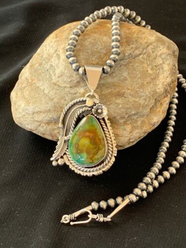 Men's Turquoise Pendant | Navajo Pearls Sterling Silver Necklace | Authentic Native American Handmade | 2568