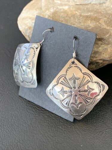 Native American Women's Dangle Earrings | Navajo Sterling Silver Stamped Handmade | 1656