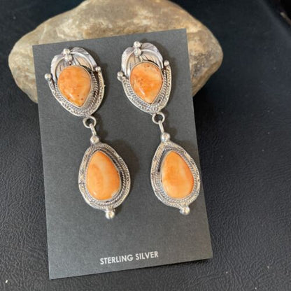 Navajo Orange Spiny Oyster Dangle Earrings | Sterling Silver | Authentic Native American Handmade | 13819