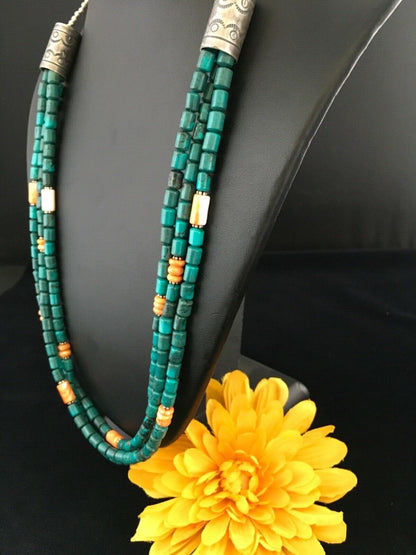 Navajo Sterling Silver Blue Spiderweb Turquoise Spiny Necklace | 3-Strand | 24" | 1774