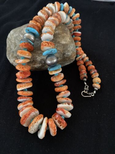 Navajo Pearls, Orange Spiny Oyster & Turquoise Necklace | Sterling Silver | Authentic Native American | 24"