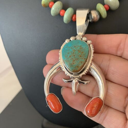 Navajo Royston Turquoise Coral Naja Pendant Necklace | Authentic Native American Sterling Silver | Naja | 1402