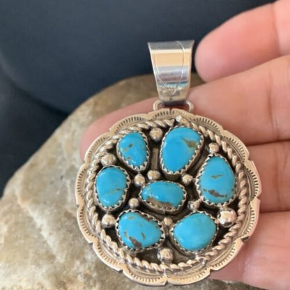 Navajo Blue Turquoise and Multi-Stone Round Cluster Pendant | Authentic Native American Sterling Silver | 2" | 02096