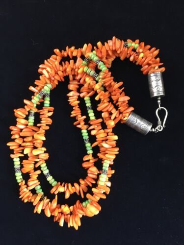 Navajo Pearls 3-Strand Necklace | Sterling Silver Orange Coral | 19" | Authentic Native American Handmade | 10042