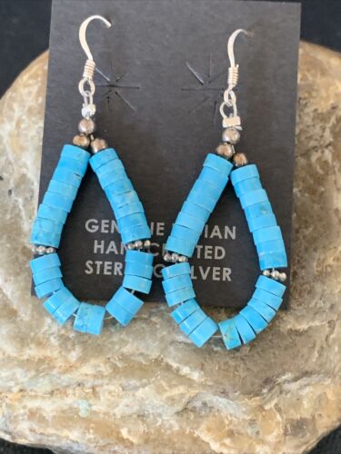 Navajo Turquoise Heishi Sterling Silver Pearls Beads Earrings | 1.5" | Authentic Native American Handmade | 13044