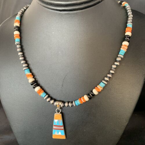 Navajo Multi-Color Turquoise Onyx Inlay Pendant Necklace | Sterling Silver | Authentic Native American Handmade | 13806