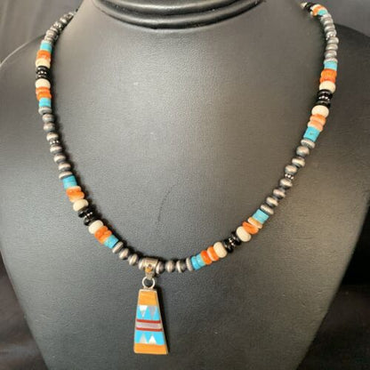 Navajo Multi-Color Turquoise Onyx Inlay Pendant Necklace | Sterling Silver | Authentic Native American Handmade | 13806