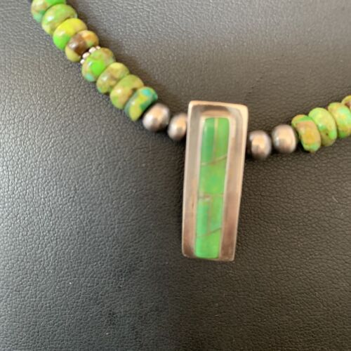 Navajo Green Gaspeite Turquoise Inlay Pendant | Sterling Silver | Authentic Native American Handmade | 13265