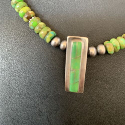 Navajo Green Gaspeite Turquoise Inlay Pendant | Sterling Silver | Authentic Native American Handmade | 13265