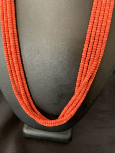 Navajo Red Coral 5-Strand Sterling Silver Turquoise Bead Necklace 22" | Native American Jewelry 12622