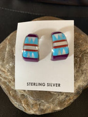 Navajo Turquoise Purple Sugilite Mother of Pearl Dangle Inlay Earrings | Sterling Silver | 12909