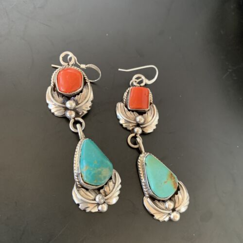 Navajo Green Royston Turquoise Red Coral Dangle Earrings | Sterling Silver | Authentic Native American Handmade | 2054